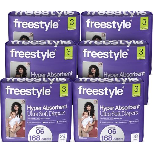 Freestyle BambooTek Diapers – (Size 3) Hyper Absorbent & Non-Toxic – Disposable Diapers for Sensitive Skin – Ultra Soft Diapers (16-28 lbs) – 168 Count