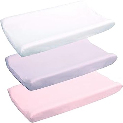 Belsden 3 Pack Microfiber Soft Changing Pad Cover, with 2 Considerate Safety Belt Holes, Durable Diaper Change Table Sheet Set for Baby Girls, 16''x32''x8'', Light Purple & Pink & White