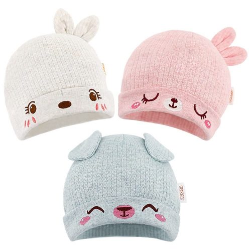 DOKMA Organic Cotton Toddler Hat Set 3 Cute Animal Ears Design, Beanies for Baby Boys and Girls 0-3 Months, Pink