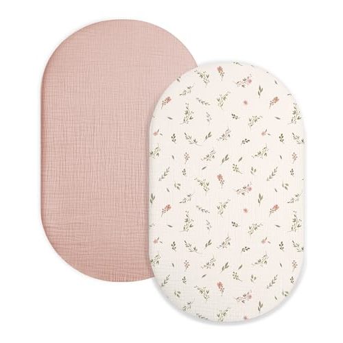 Bassinet Sheet for Baby Boy Girl 2 Pack, Fitted Sheets for Rectangle, Oval, Hourglass Bassinet Mattress, Muslin Moses Basket Sheets (Petal Leaf & Pink, Bassinet Sheet)