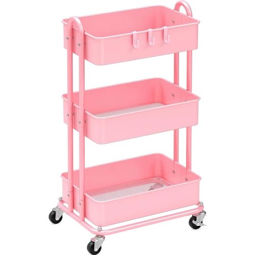 Simple Houseware Heavy Duty 3-Tier Metal Utility Rolling Cart, Pink