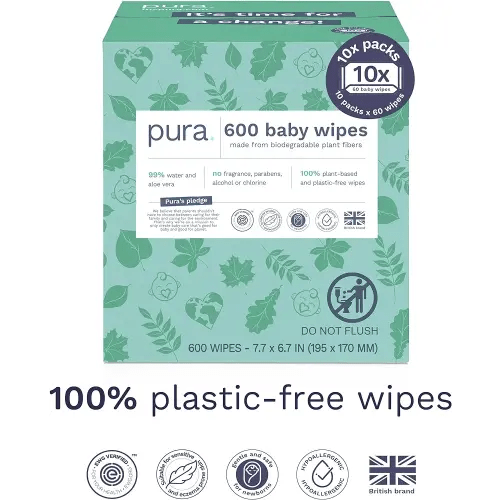 Pura Natural Sensitive Baby Wipes, 99% Water, Unscented & Hypoallergenic, Suitable for Sensitive & Eczema-prone Skin, Hypoallergenic, EWG Verified, 10 Pack of 60 Wet Wipes (600 Diaper Wipes) Bulk Buy