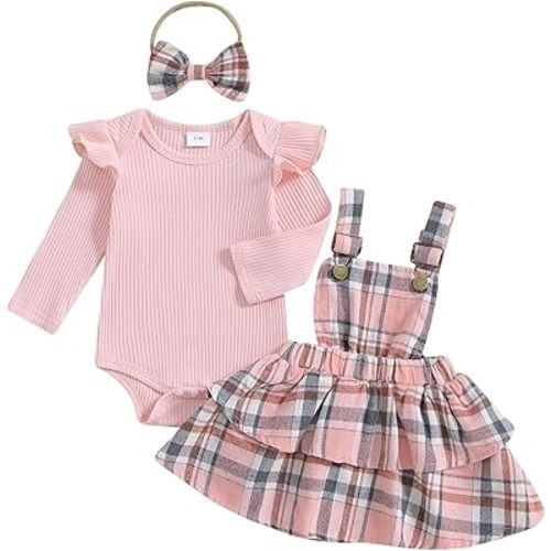 One opening Toddler Baby Girl Clothes Skirts Outfit Ribbed Bodysuit Romper Plaid Suspender Skirts Sets Infant Girl Clothes