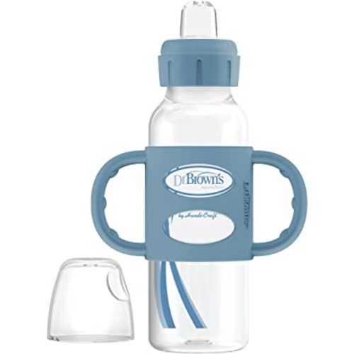 Dr. Brown's Milestones Narrow Sippy Bottle with 100% Silicone Handles,Easy-Grip Bottle with Soft Sippy Spout,8oz/250mL,BPA Free,Light-Blue,6m+