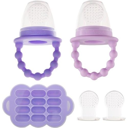 WeeSprout Silicone Baby Food Feeders + Freezer Tray for Batch Prep, Set of 2, Introduce New Foods Safely, Double as Teething Toys, Includes 2 Extra Pouches & Travel Lids, Dishwasher Safe