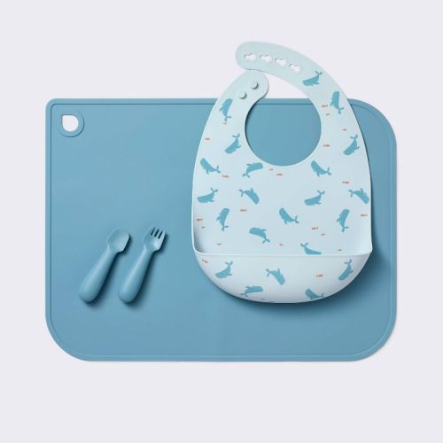 Silicone Bib and Utensil Feeding Set - 4pc - Blue - Cloud Island™