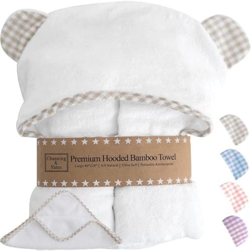 Channing & Yates Premium Organic Baby Bath Towel and Washcloth Set - Soft Hooded Washcloths - Girl/Boy Baby Bath Essentials (Beige/White)