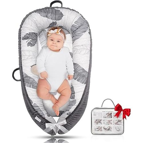 Baby Lounger - Baby Lounger for Newborn 0-24 Months, Ultra Newborn Babies Essentials Gifts, Baby Snuggle Nest Me Baby Lounger, Lightweight Infant Baby Lounger Cover (Grey Leaves)