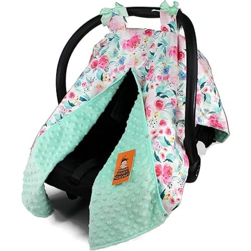 Dear Baby Gear Carseat Canopy - Car Seat Cover w/Snap Opening for Girls & Boys - Infant Car Chair Canopies - Floral & Farm Prints - Nursing Covers - 39"x32" (Pink Floral Watercolor Roses, Mint)