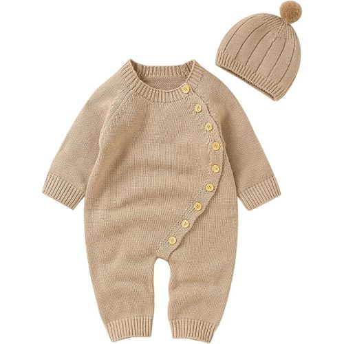 Newborn Baby Sweater Jumpsuit Winter Knit Romper 2pcs | Khaki | 0-3M
