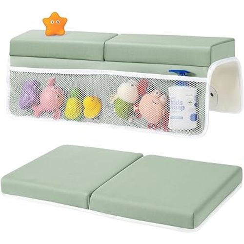 Bath Kneeler and Elbow Rest Pad Set, 3.8cm Thick Baby Bath Kneeler Pads with Toys Organizer, Anti-Slip Cozy Knee & Arm Support Bathtub Mat, Quick Dry Kneeling Pad for Baby Bath Time