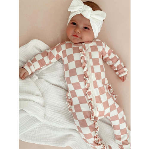 Strawberry Shortcake Checkerboard / Organic Frill Zip Footie