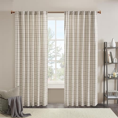 Madison Park Anaheim Cabin Plaid Curtain Window, Thermal Insulated Fleece Lining, Living Room Darkening Drape for Bedroom Decor, 1-Single Panel Pack, 50" x 95", Rod Pocket, Natural