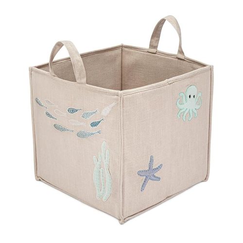 Crane Baby Fabric Nursery Storage Basket, Toy Storage, Sea Life Theme, 14"x14", Toy Basket, Baby Storage Organizer, Toy Organizers and Storage Bins, Baby Organizers and Storage, Toy Bins