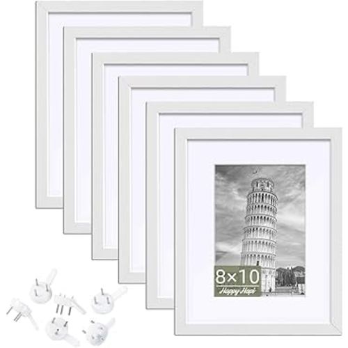HappyHapi 8x10 Picture Frame Set of 6, 8x10 White Picture Frame Display Pictures 5x7 with Mat or 8x10 Without Mat. Wall Hanging Photo Frame or Tabletop Display Gallery Frame (White)