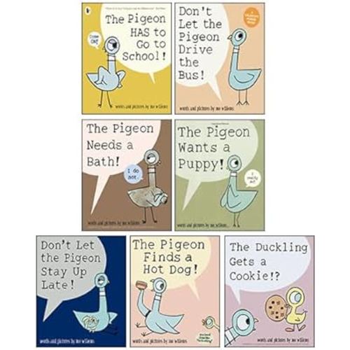 Pigeon Series 7 Books Collection Set By Mo Willems (Pigeon Needs A Bath, Duckling Gets a Cookie, The Pigeon Wants a Puppy, The Pigeon Finds a Hot Dog!, Don't Let the Pigeon Stay Up Late! & More)