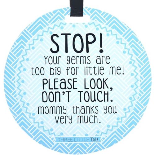 THREE LITTLE TOTS – Blue Stop Please Look Don't Touch Baby Car Seat Sign or Stroller Tag - CPSIA Safety Tested