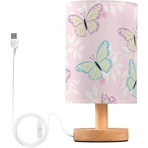 ALAZA Bedside Table Lamp Cute Butterfly Pink Flower Lamp for Girls Boys Bedroom with USB Port LED Kids Nightstand Lamp Wood Base Desk Living Room Decor