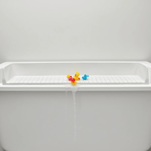 Silicone Bathtub Splash Guard & Play Tray for Toddlers – 31.5" Water Spill Guard with 11 Suction Cups, Toy Storage Shelf – No Mess Bath Time Solution, White