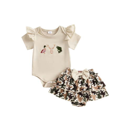 Baby Toddler Girl Summer Clothes Set 3 6 12 Months Duck Ruffle Short Sleeve Romper Camouflage Ruffle Shorts 2 Piece Outfit