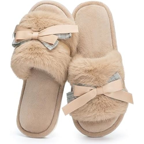 GOEWY Cute Bow Slippers for Women with Memory Foam Open Toe Fuzzy House Slippers Indoor Outdoor Anti-Skid Soft Birthday Gifts for Women Mom