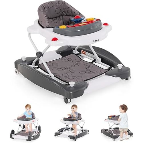 INFANS Baby Walker, 5 in 1 Behind Walker Learning Seated Rocker Bouncer with Removable Music Tray, Adjustable Height, Washable Seat Cushion, Foldable Activity Center for Toddlers (Grey)