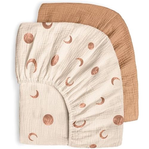 Bearmoss Muslin Crib Sheets 100% Cotton Baby Crib Sheets Fitted for Standard Crib Mattress & Toddler Bed Mattress 52"x28" Soft Breathable Crib Sheets Neutral for Boys Girls - 2 Pack (Brown Moon)