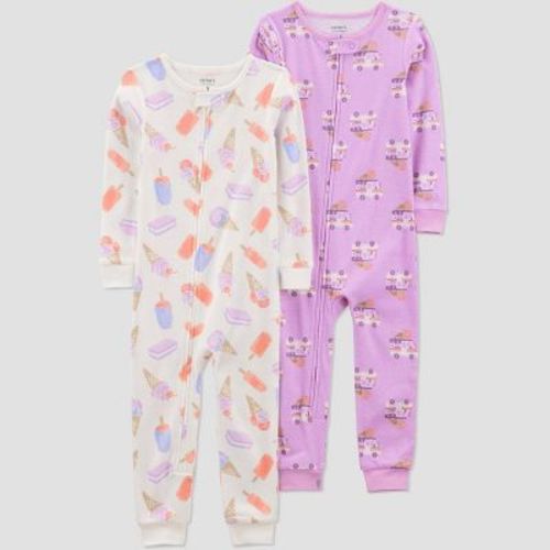Carter's Just One You® Toddler Girls' 2pk Cotton Snug Fit Ice-Cream Footed Pajama - White/Purple 2T: Lightweight Crew Neck, Long Sleeve