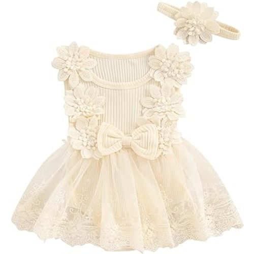 Infant Baby Girl Lace Romper Baby Tulle Dress Romper Flowers Bodysuit Spring Summer Festival Clothes with Headband