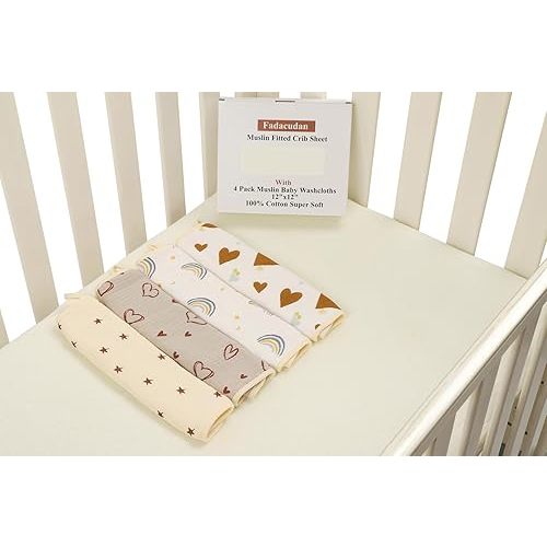 Fadacudan Muslin Fitted Crib Sheet with 4 Pack Muslin Baby Washcloths 12"x 12" Love Rainbow Stras,Cotton Stylish Boho Super Soft for Baby Lt Beige