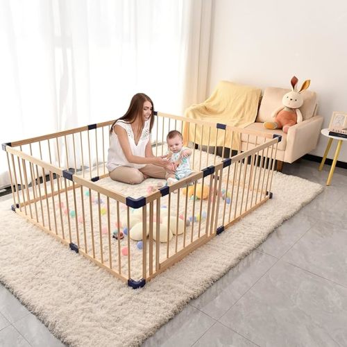 Wood Baby Playpen,Wooden Kids Play Fence with Door,Safe Zone Playard, Baby Safety Blue Play Center Yard, Large Play Pen Play Area Indoor Kids Safety Activity Center Playard w/Locking Gate,Without Mat