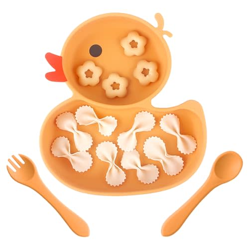 Baby Suction Plate, Silicone Toddler Plate for Kids Baby Weaning Plate Strong Suction Divided Dish with Fork Spoon, BPA Free (Orange)