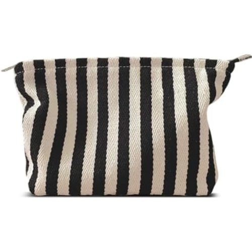 Large Stripe Makeup Bag Cosmetic Toiletry Travel Pouch, Purse Organizer, Canvas Lined, Black White, Large