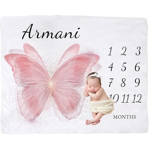 Personalized Baby Milestone Blanket for Girls, Custom Newborn Baby Girl Blanket with Name, Butterfly Pink Baby Milestone Monthly Blanket for Shower Gift, Monthly Baby Milestone Blanket