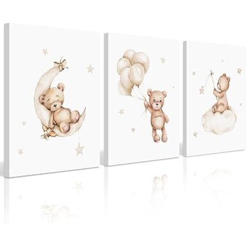 Baccone Bear Nursery Wall Art Decor Set of 3 Teddy Bear Canvas Wall Art Baby Boy Nursery Decor Prints Neutral Pictures Moon Star Cloud Print for Girls Children Room 12x16 Inch Wood Framed
