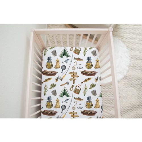Fishing Crib Sheet, Fishing Nursery Bedding, Gone Fishing Crib Sheet, Fishing Crib Bedding, Newborn Gift, Boy Crib Bedding, Fisherman - Swf
