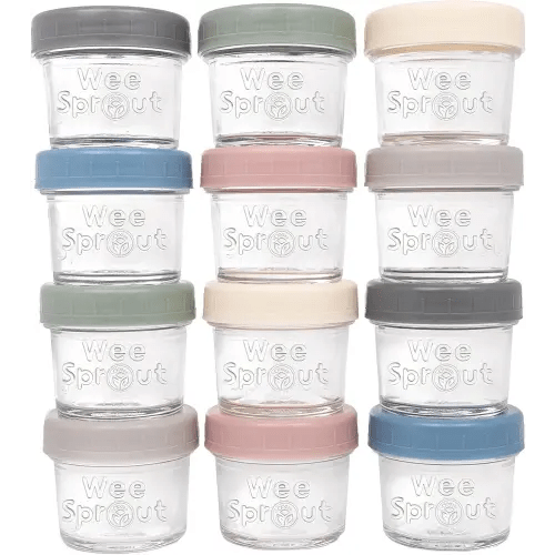 WeeSprout Glass Baby Food Storage Jars w/Lids (4 oz, 12 Pack Set) Snack, Puree, Reusable Small Containers, Breast Milk, Fridge or Freezer, Microwave & Dishwasher Safe, Essential Must Have for Infants