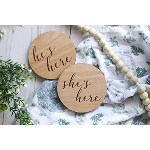 FELIXTA SET 2 OF He's Here/She's Here Wooden Baby Announcement Sign, WHITE