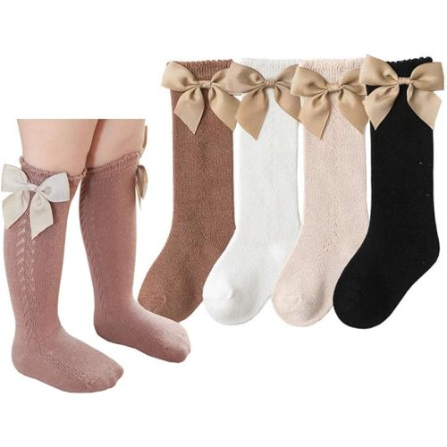 CHUNG Toddler Baby Girls Knee Hight Stocking Cotton Socks 0-7Years Solid Color Bowknot Thin Spring Summer - 3-12 Months - 4 Color
