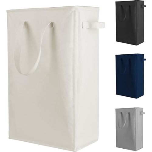 Odonata Slim Laundry Hamper Handles Collapsible Laundry Basket Thin Dirty Clothes Basket Narrow Laundry Bag Foldable Dirty Hamper 45L (Beige)