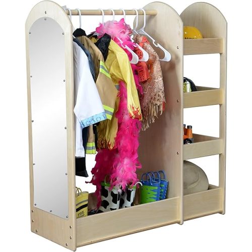 Contender Wooden Kids Fashion Pretend Dress-Up Station, Toddlers Clothing and Shoes Closet, Montessori Kids Room Furniture with Mirror & Side Hooks for Costume Storage