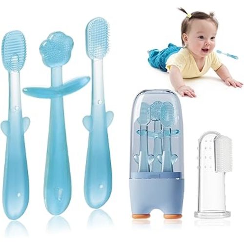 FOKiiBO Baby Silicone Toothbrush Set, Toothbrush + Tongue Brush + Baby Teether + Finger Toothbrush with Cup for Training Teething, 0-18M Infant Toddler Newborn Baby Teeth Brushes (Blue)