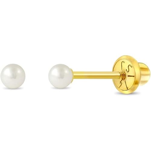 14k Yellow Gold Classic Freshwater Cultured Pearl Screw Back Earrings for Girls - Stud Earrings for Babies, Toddlers & Little Girls - Small Classic Girl Stud Earrings