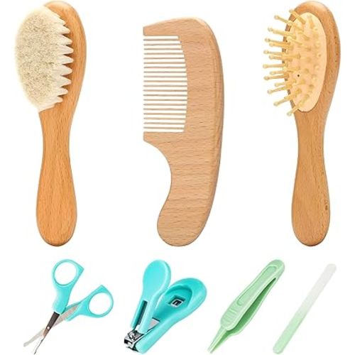 Goat Baby Hair Brush Set, Wooden Comb Massage Scalp Comb, Safe Natural Hair Care Kit, Soft Silicone Bath Brush for Newborns Toddlers (Brush Set+ Green Massager) (Brush Set+ 4)