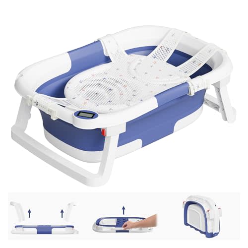 Collapsible Baby Bathtub,Baby Bath Tub with Soft Cushion & Thermometer,Baby Bathtub Newborn to Toddler 0-36 Months,Portable Travel Baby Tub, Blue, Bath Tub Pro