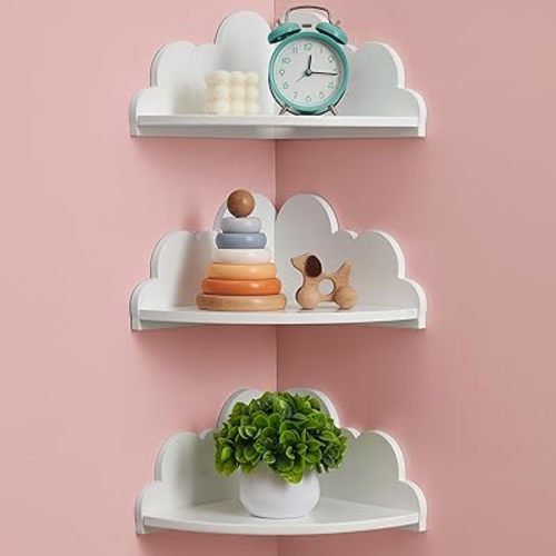 Cloud Corner Floating Shelves,Set of 3 White Corner Wall Shelf Floating Wooden Cute Wall Mounted Shelves Clouds Dispaly Shelf for Kid’s Room,Toys, Plants & Storage