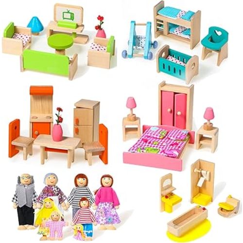 Civaner 52 Pcs Wooden Dollhouse Furniture Set Including 8 Family Dolls Miniature Doll House Accessories 1:12 Scale 5 Space Kits Bathroom Bedroom Living Room Dining Room Kitchen Gift for Christmas