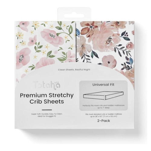 TotAha Premium Stretchy Crib Sheets (2-Pack)-Hypoallergenic, Silky Comfort, Buttery Soft, Calming Effect, All-Season Jersey-Knit Sheets, 9'' Extra Deep Pocket(Meredith Allover Floral & Pale Pink)