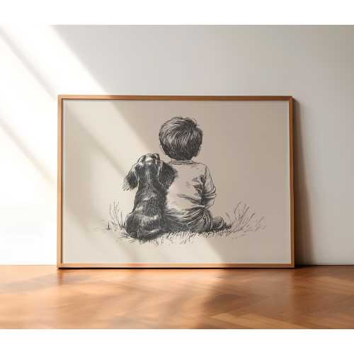 Boy and a Dachshund Nursery Print, Puppy Wall Art Sketch, PRINTED AND SHIPPED