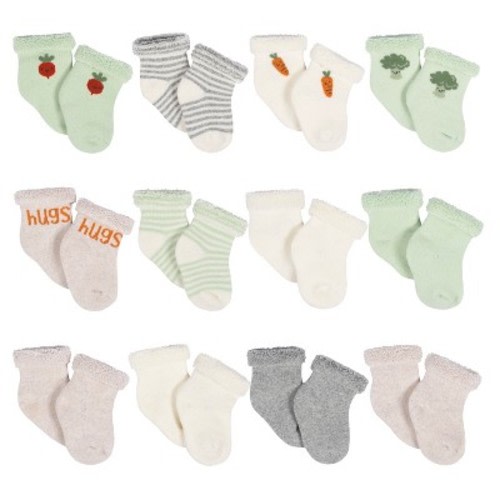 Gerber Baby Neutral 12-Pack Terry Wiggle Proof® Socks Happy Veggies, Color: Happy veggies, Size: 0-3 months